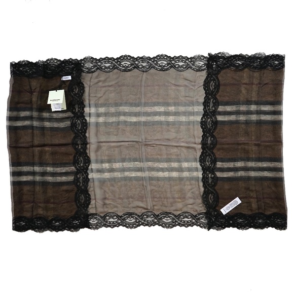 Burberry Scarf Lace Border Distress Check Chiffon New - Picture 3 of 5